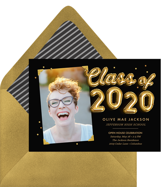 Black online graduation invitations with gold balloon letters