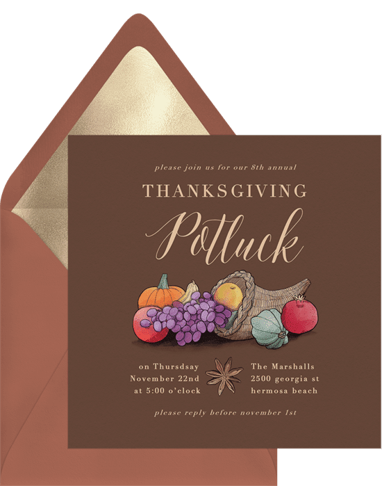 A Thanksgiving invitation with a cornucopia illustration