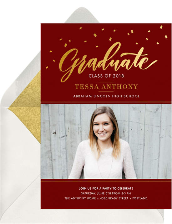 Maroon and gold online graduation invitations with confetti and cursive font