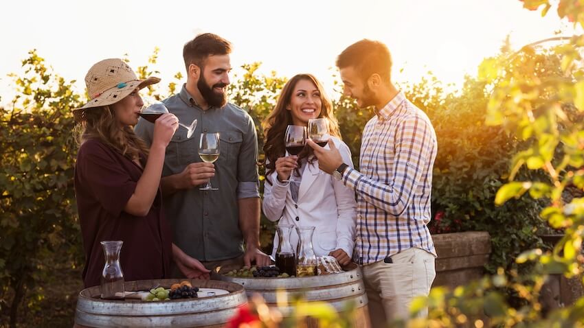Wine tasting party ideas: couples drinking wine outdoors