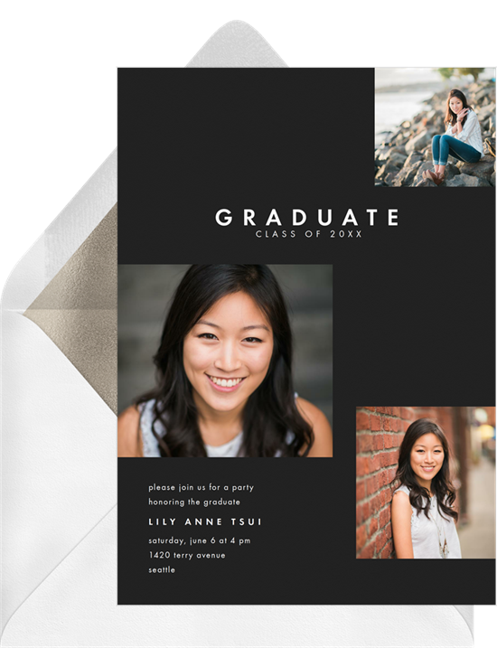 A three photo layout on online graduation invitations with a black background