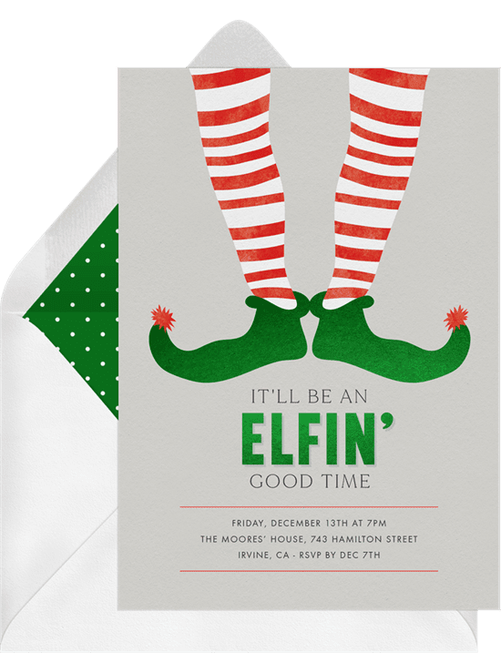 A Christmas party invitation with an illustration of elf legs