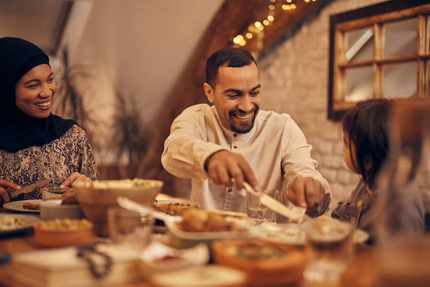 Greetings for Ramadan: family happily eating together