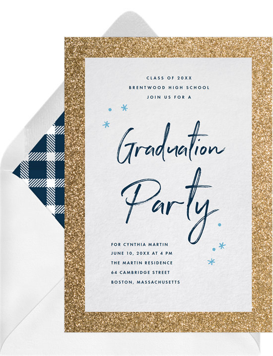 Online graduation invitations with a gold glitter border