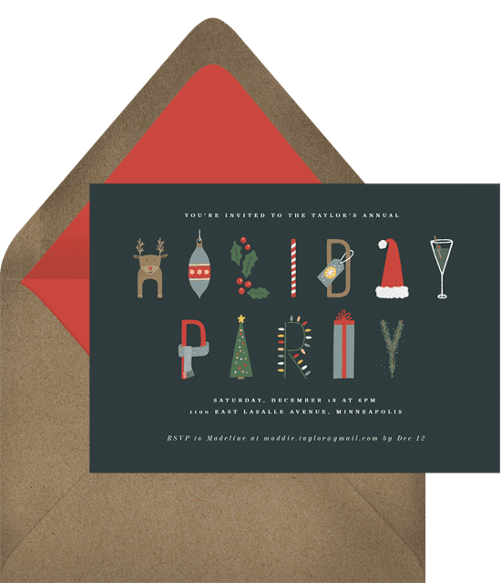 A Christmas party invitation with classic holiday symbols
