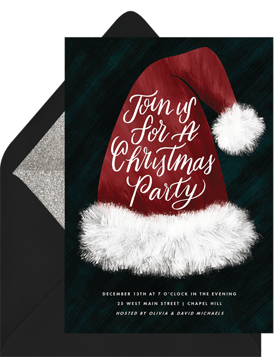 A Christmas party invitation featuring an illustrated Santa hat