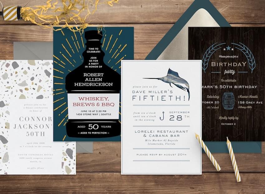 50th birthday party ideas for men: 50th birthday party invitation cards and 2 small candles