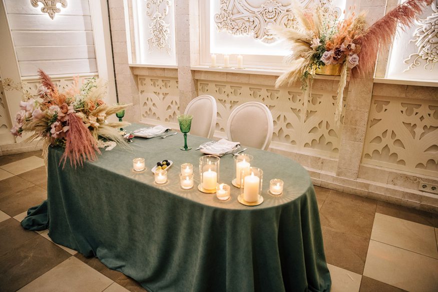 fall wedding decorations: gem-colored linen on table
