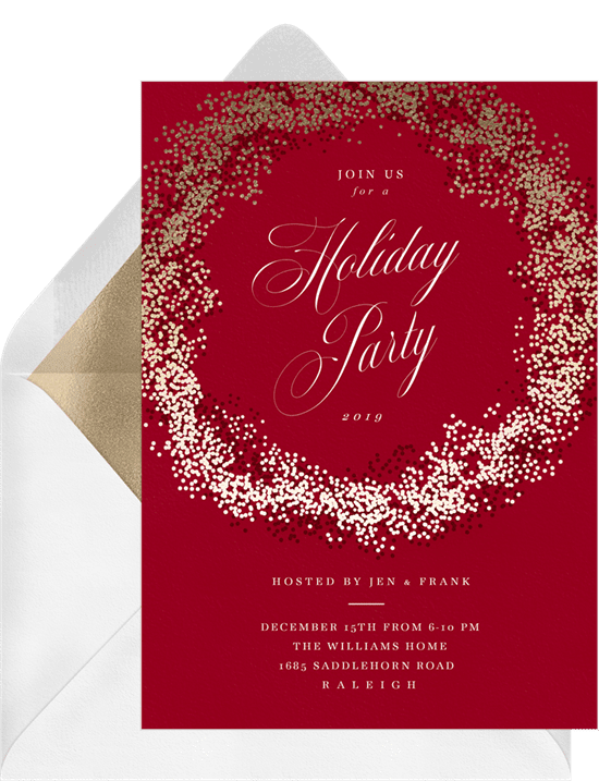 A Christmas party invitation with text surrounded by a gold wreath