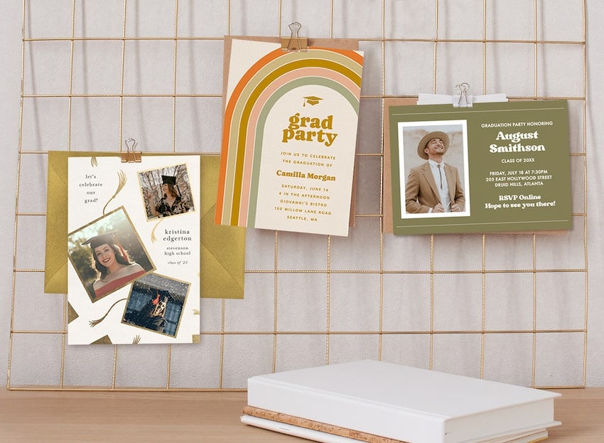 Graduation party invitation wording: graduation party invitation cards clipped on a wire grid panel