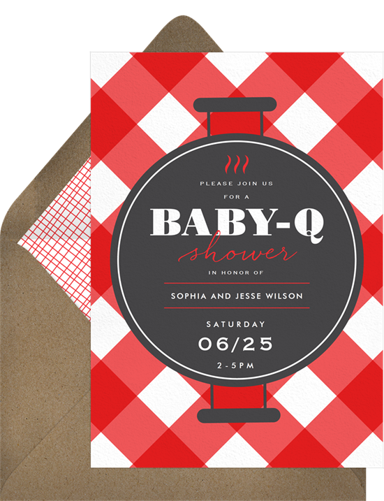 Online baby shower invitations with a grill design and gingham background