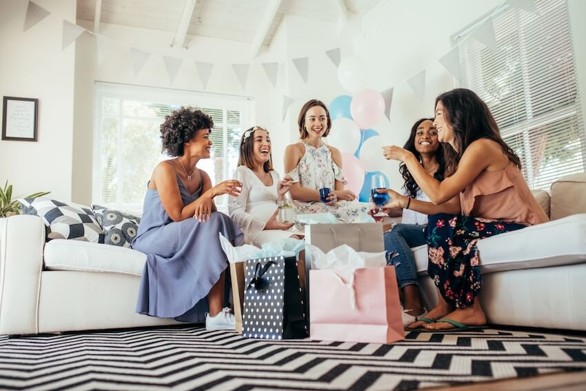 Baby shower card message: group of friends at a baby shower