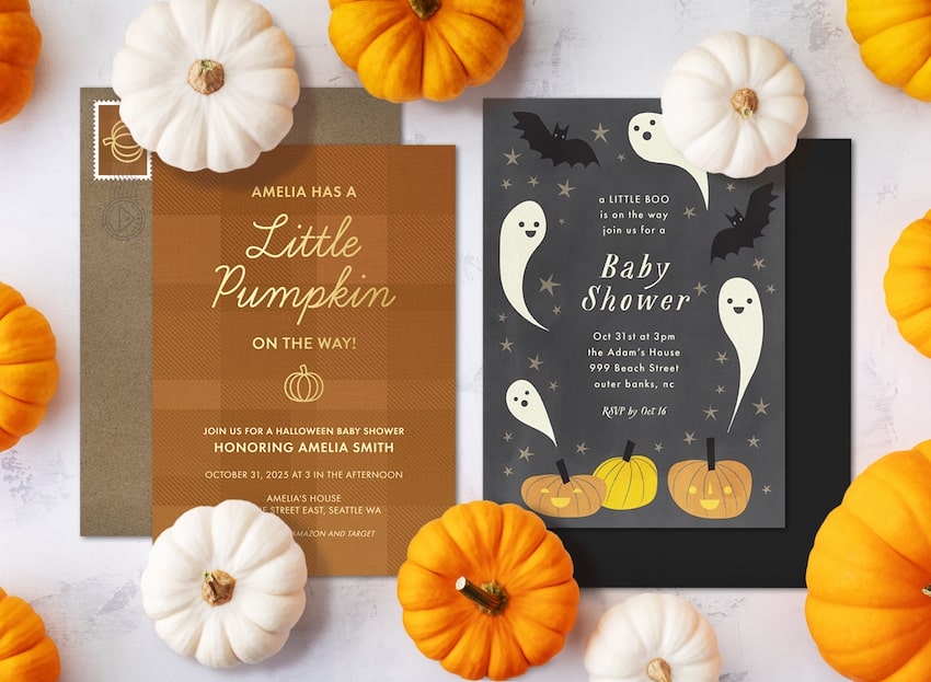 Halloween baby shower invitations and little orange and white pumpkins