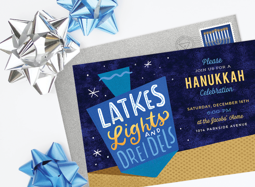 Hanukkah party ideas: A Hanukkah party invitation surrounded by blue and gold gift bows