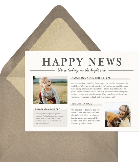 Just Because card featuring three customizable text boxes where you can share all of your family news and two photo-insert boxes.