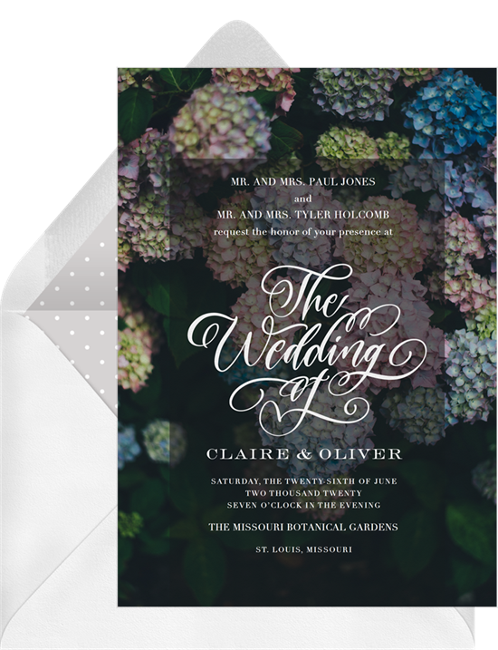 A formal invitation featuring hydrangeas, a dark background, and elegant script