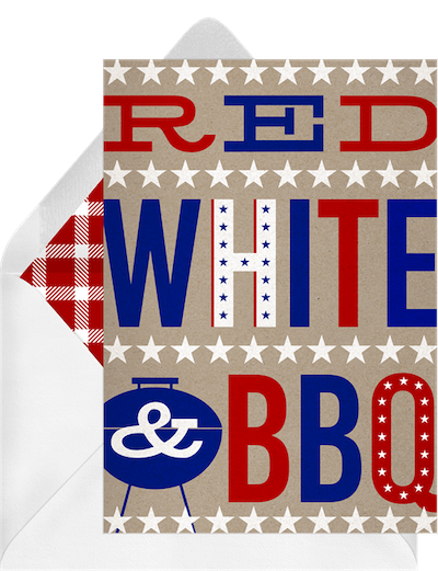 Memorial Day decorations: red, white, and BBQ Memorial Day card
