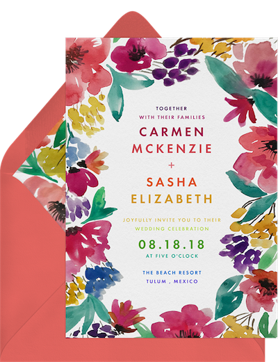 backyard wedding reception: Bright and Bold Florals Wedding Invitation