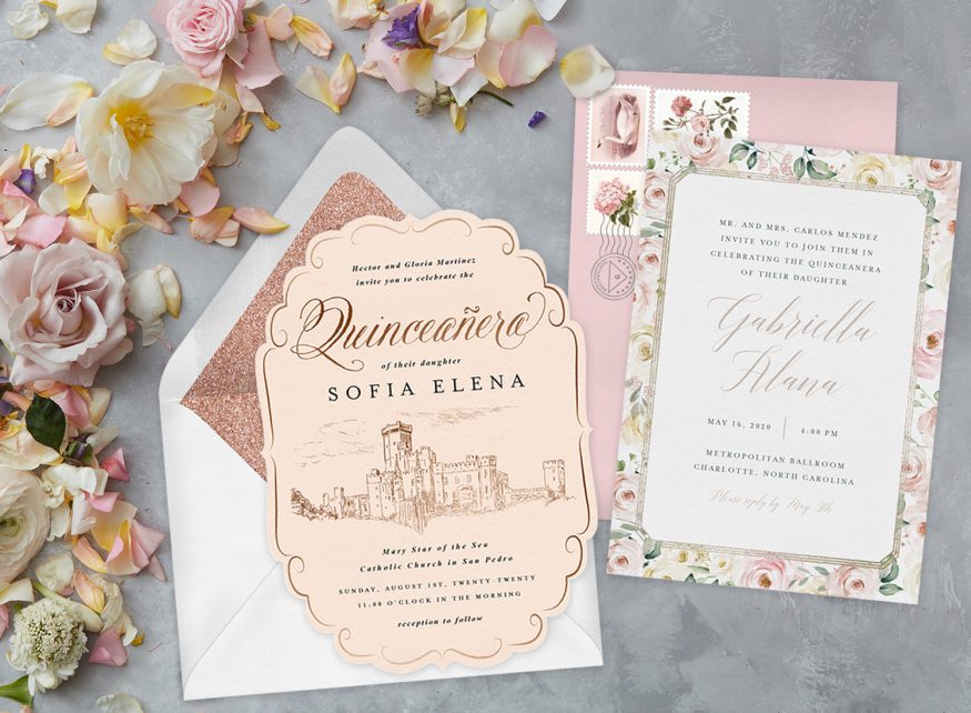 quinceanera party: Two invitations on a marble surface with flowers on the side