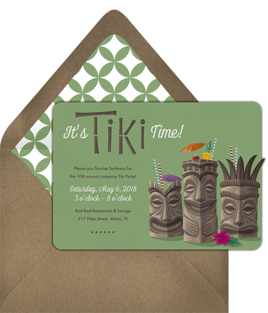 Hawaiian theme party: It's Tiki Time green colored invitation