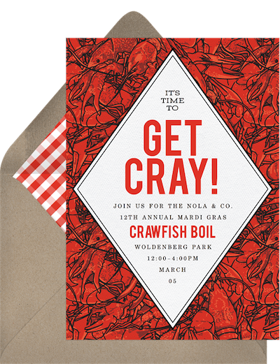 Mardi Gras decorations: Cajun crawfish invitation