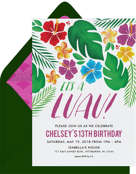 Pool party invitations: the It's a Luau! invitation design from Greenvelope