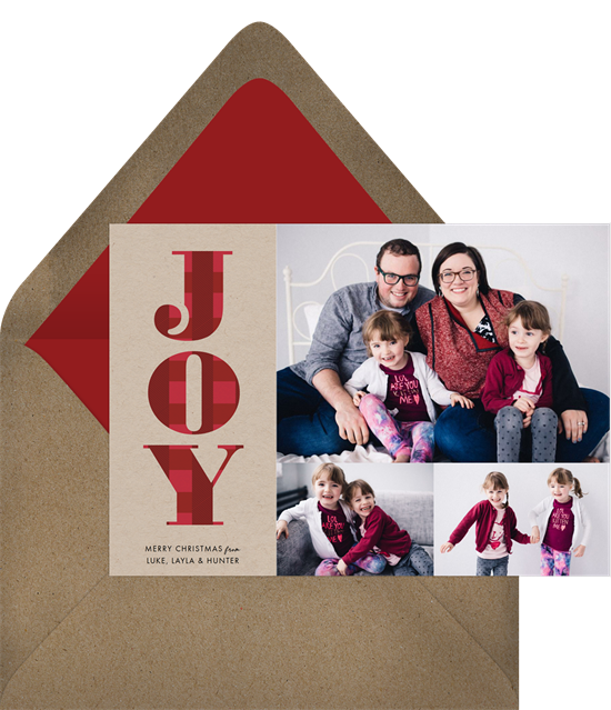 Digital holiday cards with three photos and a plaid-print "JOY"