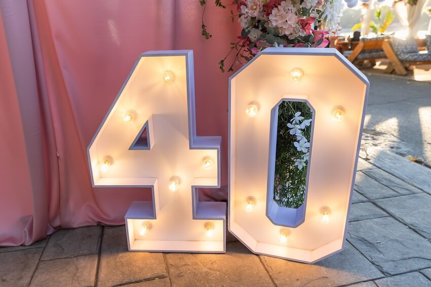 40th birthday party ideas for women: large number 40 sign with lights
