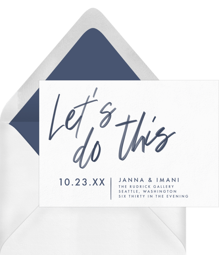 Modern wedding invitation wording on the Lets Do This invitation design