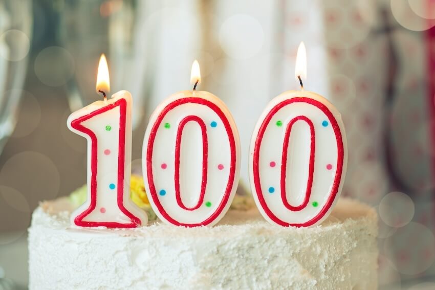 100th birthday invitations: lit number 100 candles on top of a cake