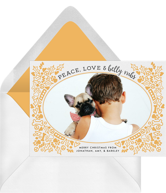 Digital holiday cards with a photo surrounded by a pet-themed wreath illustration