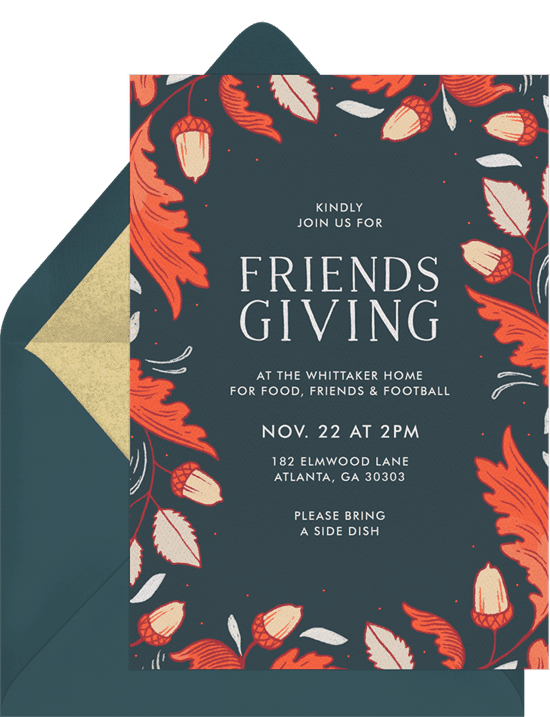 A Thanksgiving invitation with a border of illustrated oak leaves and acorns