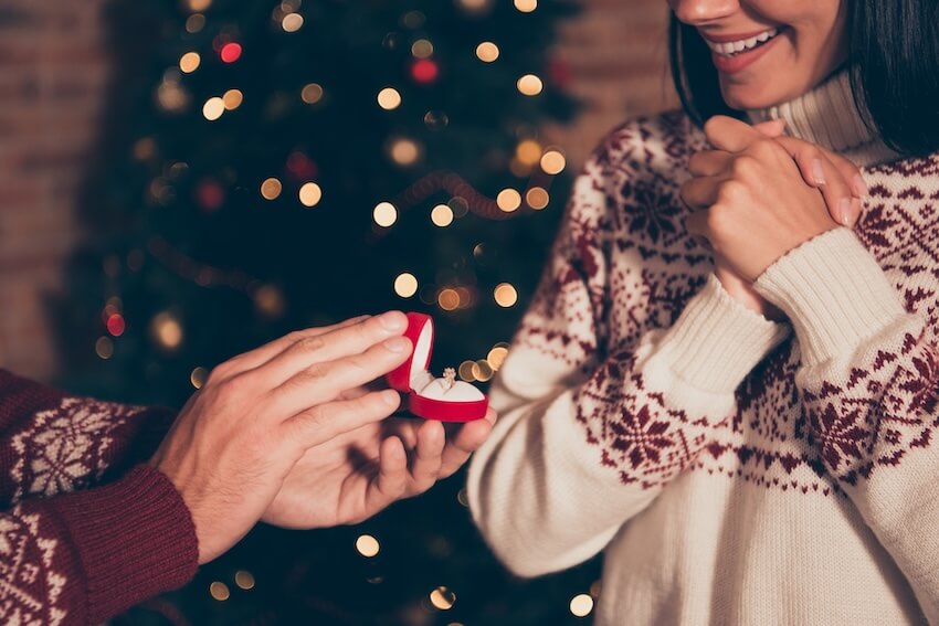Holiday engagement: man proposing to a woman