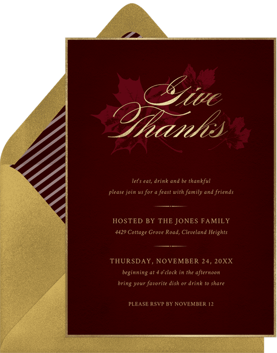 A red and gold Thanksgiving invitation with illustrated fall leaves