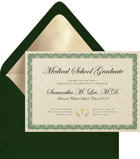 Online graduation invitations designed to look like a medical school diploma