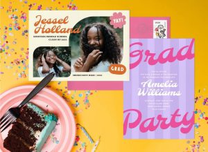 Middle school graduation invitations and a slice of cake on a plate