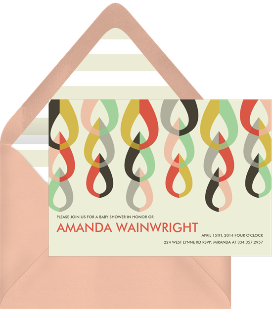Online baby shower invitations Mod tear drop shapes in a 70s color pallet