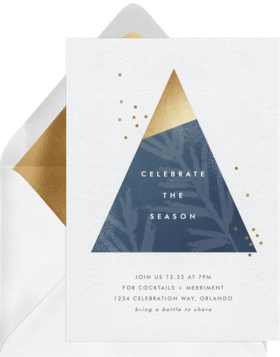 A Christmas party invitation with a modern, blue and gold geometric tree