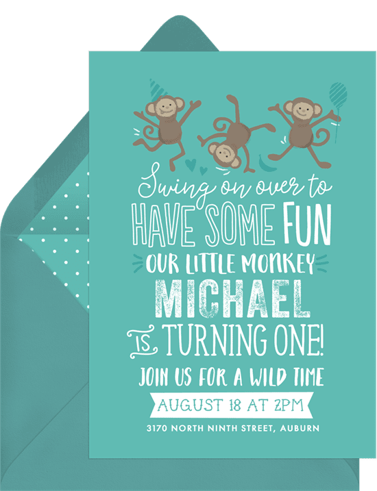 Funny birthday cards: monkey around invitations green
