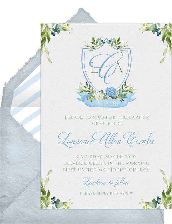 Monogram Crest Baptism Invitation