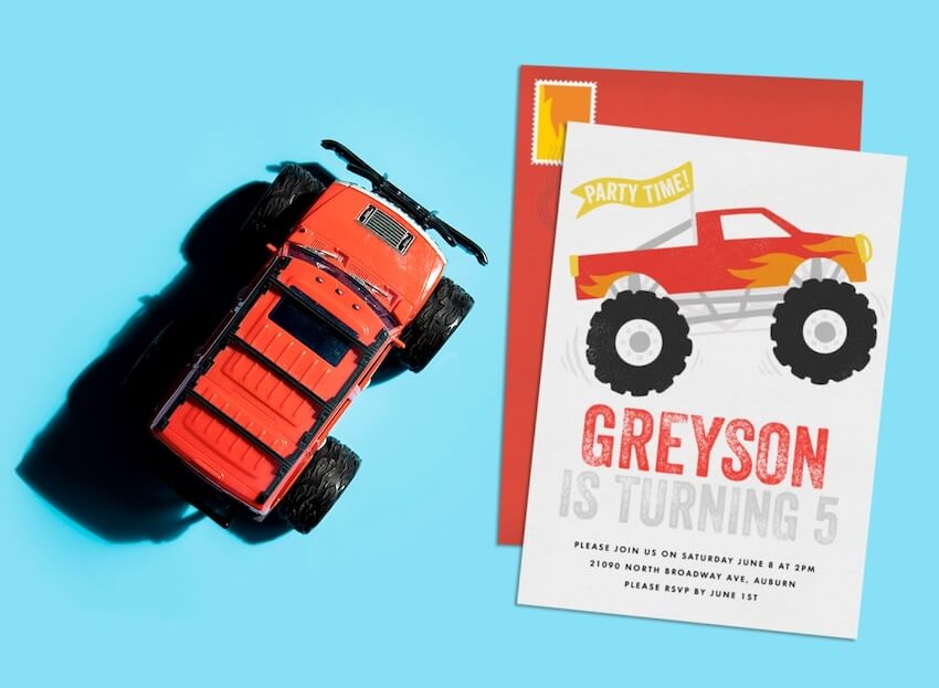 Monster truck invitations and a monster truck toy