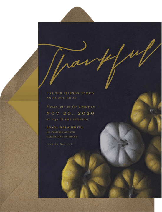 A Thanksgiving invitation with a black background and green and white pumpkins