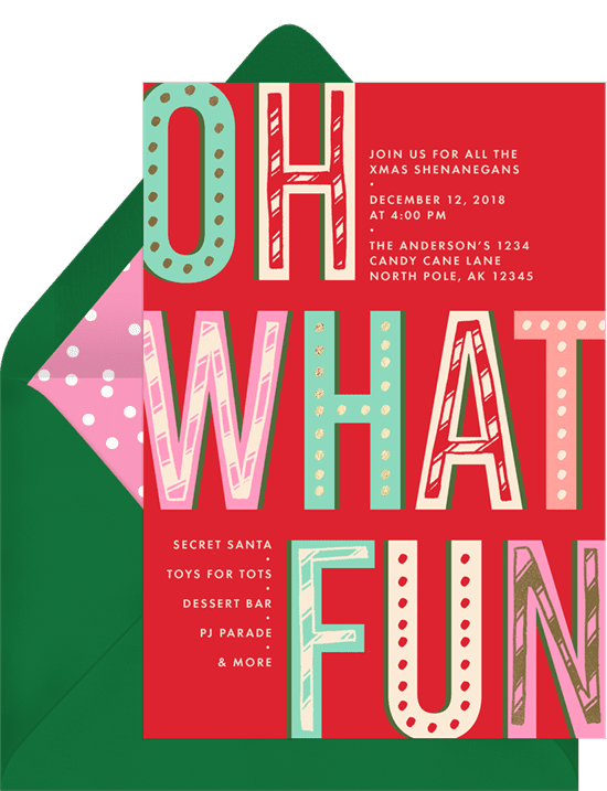 A Christmas party invitation with text that reads "Oh What Fun"