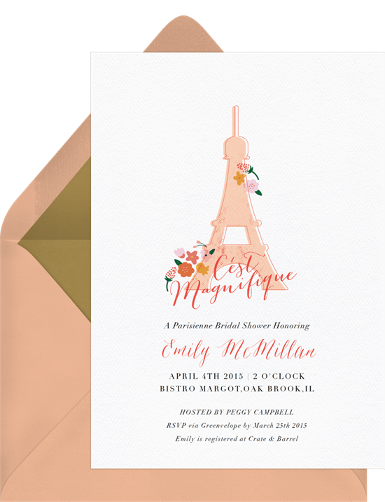 Parisian party theme: Parisian bridal shower invitation from Greenvelope