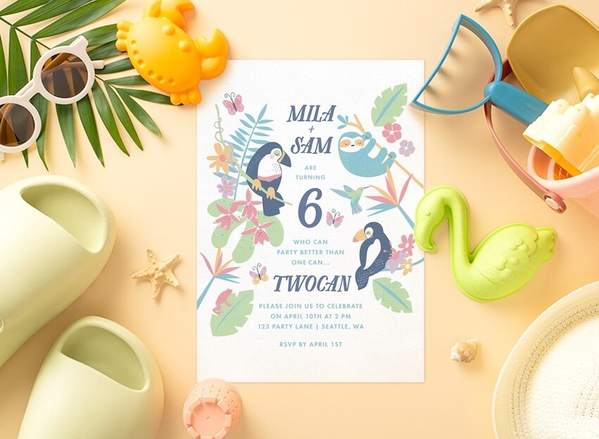 Joint birthday party invitations: invitation card and some beach toys