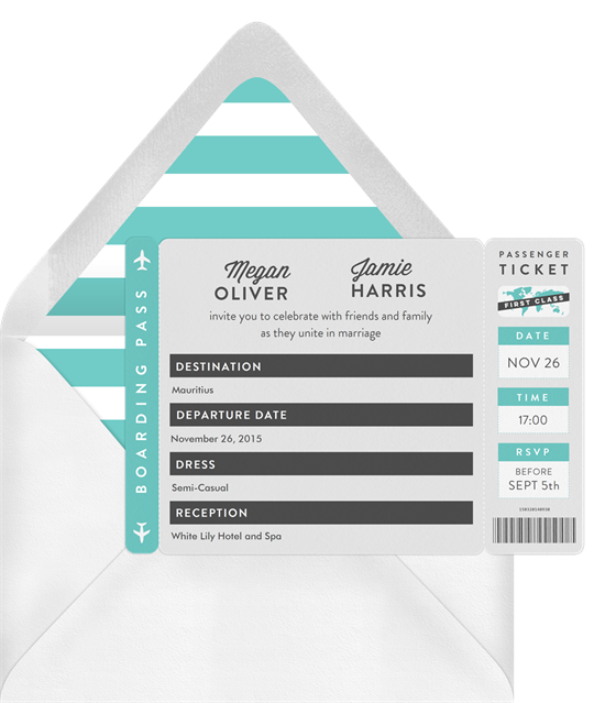 Wedding invitation ideas: an invitation shaped like an airplane ticket