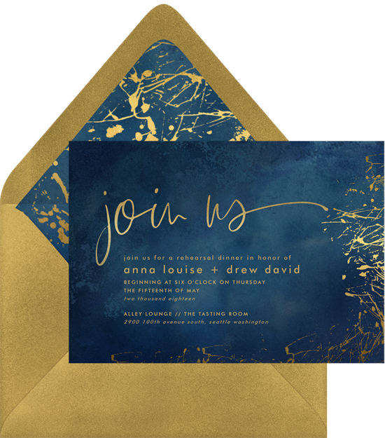 Rehearsal dinner invitation: the Painted Gold invitation design from Greenvelope