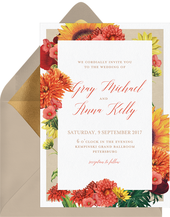 Autumn Dahlias sunflower wedding invitations from Greenvelope