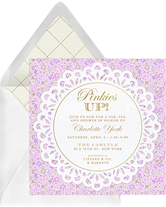 Bridal shower invitation wording: an tea party invitation that reads, "Pinkies Up!"