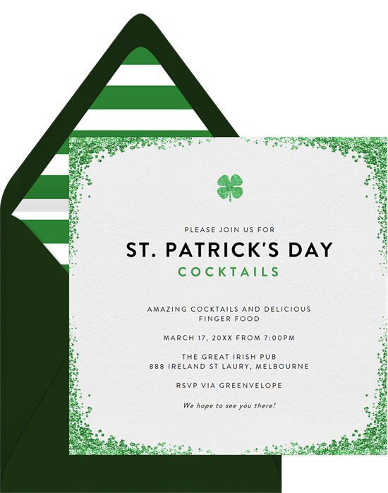 St. Patrick's Day sayings: a card that reads, "Please join us for St. Patrick's Day cocktails"
